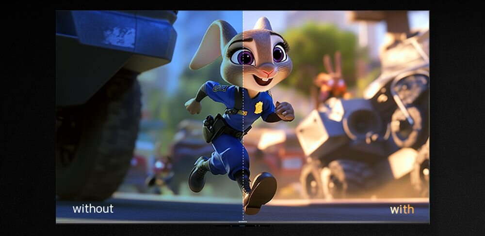 Telewizor METZ 55MQF7500Z Low Blue Light ochrona oczu, telewizor podzielony na dwie części z pokazaną technologią redukcji światła niebieskiego