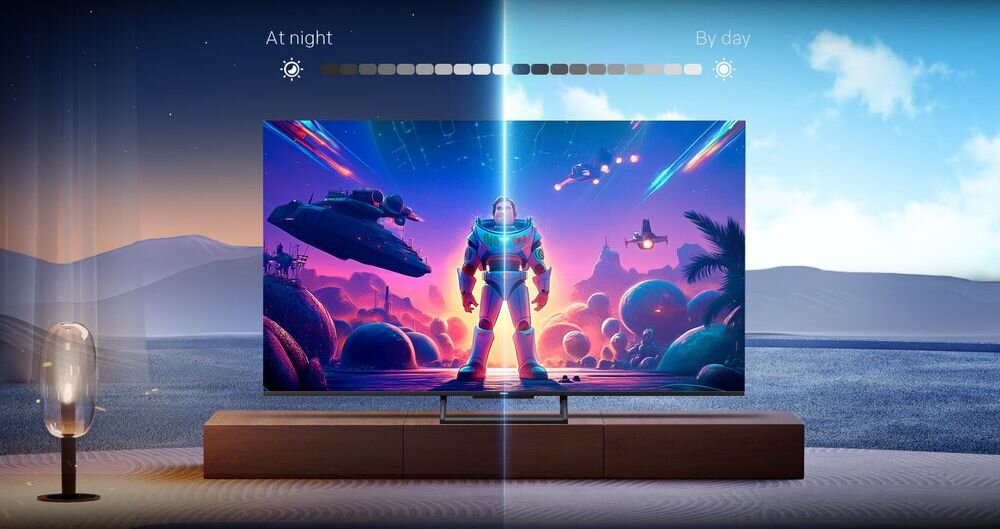 Telewizor METZ 55MQF7500Z czujnik światła adaptacyjna jasność, telewizor podzielony na dwie części z pokazaną technologią automatycznej jasności ekranu