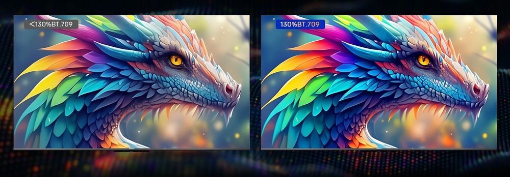 Telewizor METZ 55MQF7500Z Quantum Dot szerokie barwy, dwa kadry z filmu przedstawiające użycie technologii Quantum Dot