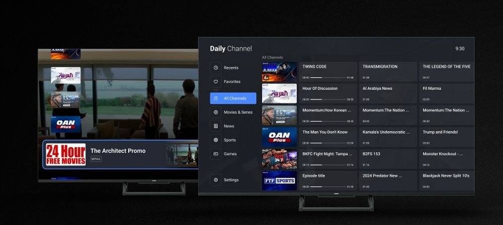 Telewizor METZ 55MQF7500Z Daily Channel darmowe kanały, dwa telewizory od frontu na czarnym tle