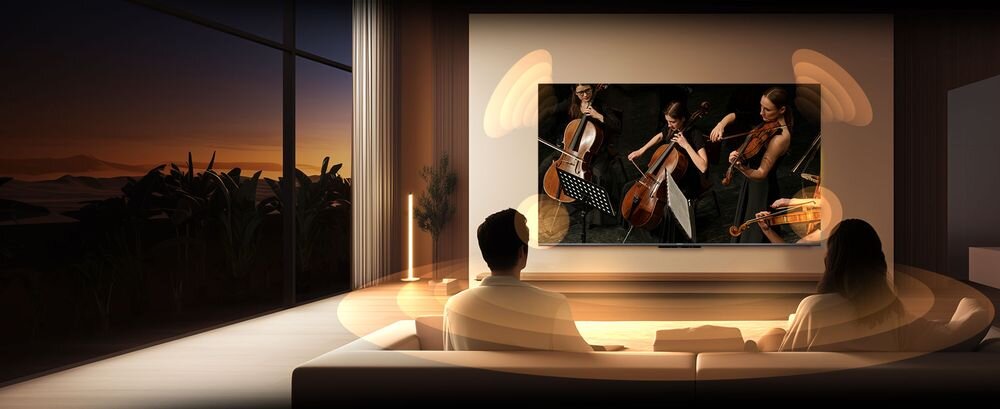 Telewizor METZ 55MQF7500Z Sound Field Expansion dźwięk przestrzenny, telewizor zawieszony na ścianie w pomieszczeniu, dźwięk wydobywający się z telewizora