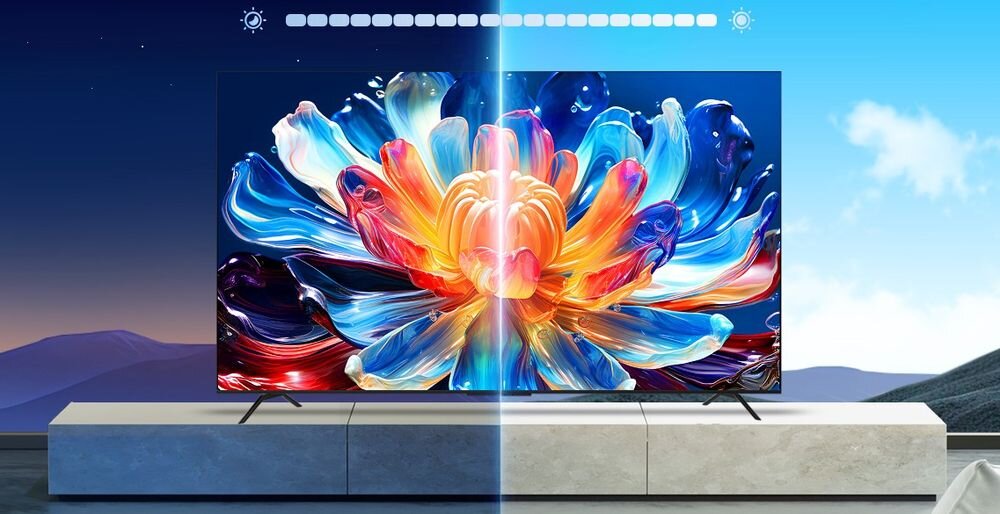 Telewizor METZ 60MUF7000Z czujnik światła automatyczna regulacja jasności oszczędność energii, telewizor od frontu stojący na komodzie