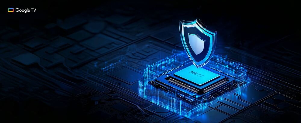 Telewizor METZ 43MUF7000Z system zabezpieczeń Smart TV ochrona danych aktualizacje, chipset zabezpieczeń na czarnym tle, logo tarczy ochronnej