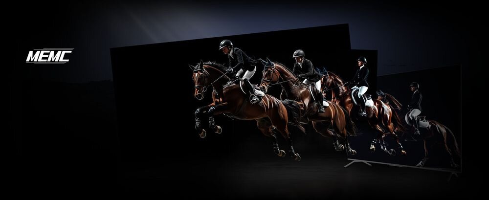 Telewizor METZ 43MUF7000Z MEMC płynny obraz redukcja rozmycia sport filmy akcji, jedździec na koniu wyskakujący z telewizora na czarnym tle