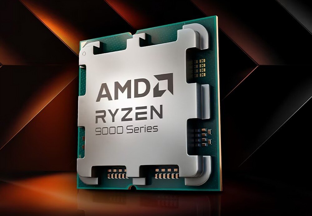 Procesor AMD Ryzen 7 9850X3D Zbliżenie na sam procesor z serii 9000 leżący pod kątem, z wyraźnie widocznym logo 'AMD Ryzen' i metaliczną powierzchnią, rdzenie, wątki, taktowanie, tryb Turbo