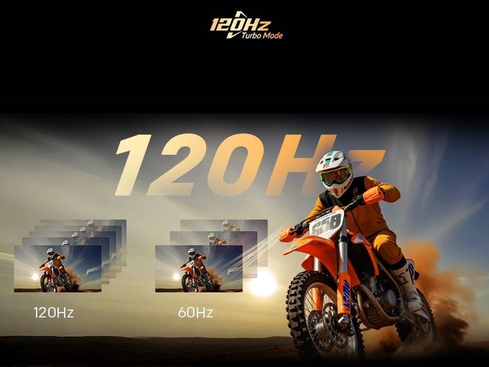 Telewizor METZ 65MNH7000Z 120Hz Turbo Motion płynny obraz sport i gry, osoba na motorze jadąca przez pustynie