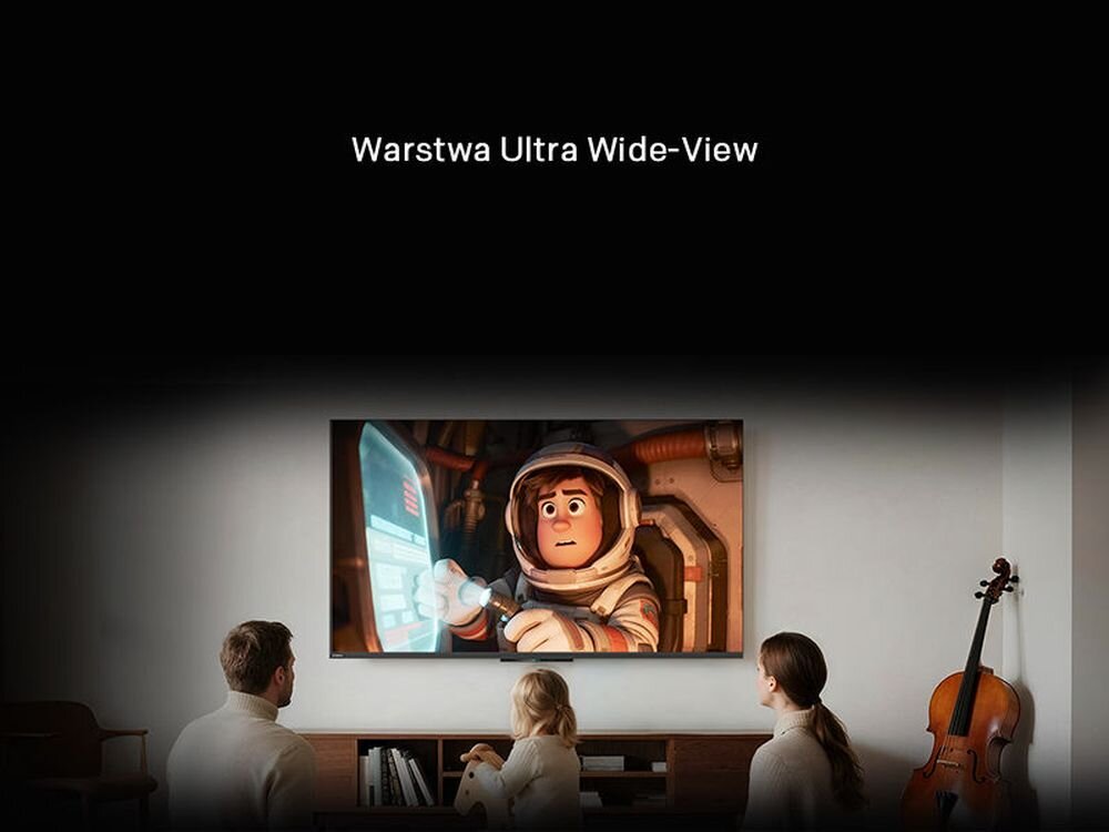 Telewizor METZ 65MNH7000Z szeroki kąt widzenia 360 stopni Ultra Wide View spójne kolory, rodzina oglądająca program telewizyjny na zawieszonym telewizorze