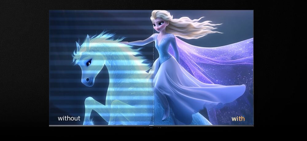 Telewizor METZ 50MQF7500Z flicker-free stabilny obraz, telewizor podzielony na dwie części z pokazaną technologią flicker-free