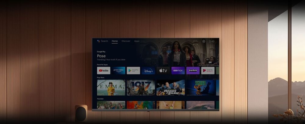 Telewizor METZ 50MQF7500Z Daily Family uproszczona obsługa, telewizor zawieszony na ścianie w pomieszczeniu