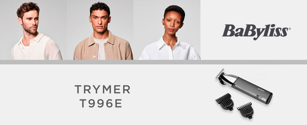 Obraz przedstawia trzech ludzi oraz trymer z dwoma nasadkami. Widoczny jest tekst: \'TRYMER T996E\' oraz logo \'BaByliss\'.