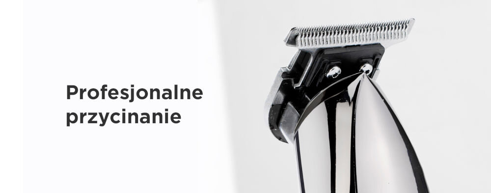 Na obrazie widoczny jest trymer z metalowymi ostrzami. Obok znajduje się tekst: \'Profesjonalne przycinanie\'.