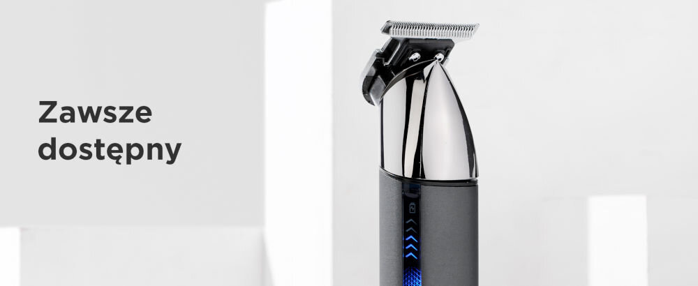 Na obrazie widoczny jest trymer z metaliczną głowicą i czarną rączką z niebieskimi elementami. Obok znajduje się tekst: \'Zawsze dostępny\'.