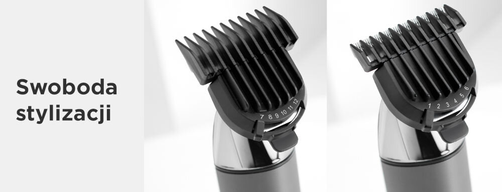 Obraz przedstawia dwa zbliżenia trymera z regulowanym grzebieniem, obok znajduje się tekst \'Swoboda stylizacji\'.