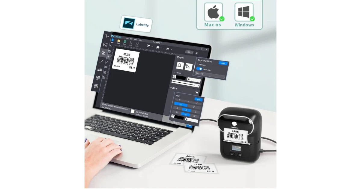 Drukarka PHOMEMO M110 Biały aplikacja na telefon Print Master na komputer Labellife możliwość wyboru wielu wzorów ikon grafik ramek motywów edycja tekstu wydruk zdjęć kodów kreskowych aplikacje dostępne w języku polskim