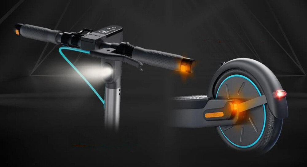 Hulajnoga elektryczna MOTUS Scooty 10 GEN 5 Szary potrojny system oswietlenia przedni tylny boczny przednia lampa moc 2,5 W odblaski podczas hamowania swiatla pulsacyjne kierunkowskazy