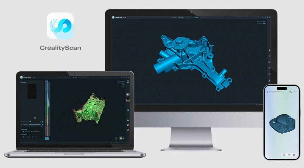 Skaner 3D CREALITY Sermoon S1 Zestaw urządzeń elektronicznych: laptop, monitor stacjonarny i smartfon, wyświetlających trójwymiarowe modele techniczne, obok logo aplikacji CrealityScan, program, funkcje, zastosowanie