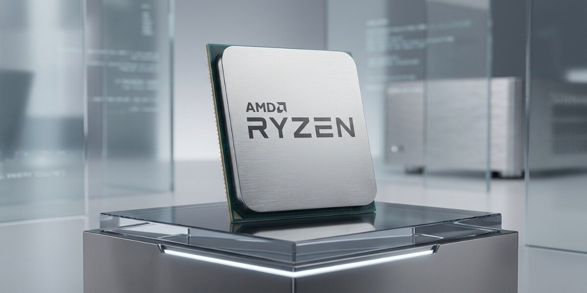 Procesor AMD Ryzen 9 5900XT na metalowej powierzchni na schludnym, jasnym tle.