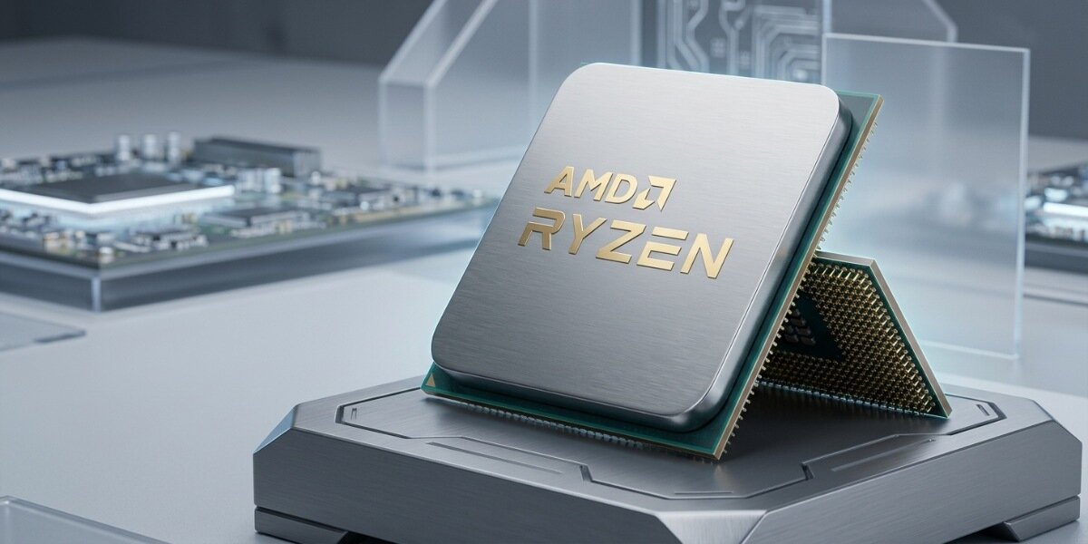 Procesor AMD Ryzen 9 5900XT na metalowej powierzchni na schludnym, jasnym tle.