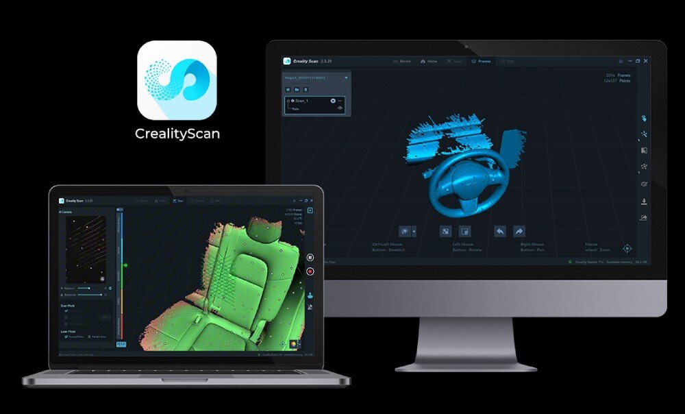 Skaner 3D CREALITY CR-Scan Raptor Pro Ekran laptopa i monitora stacjonarnego z otwartym oprogramowaniem 'CrealityScan', wyświetlającym niebieskie modele 3D fotela i kierownicy samochodowej, oprogramowanie, aplikacje, moduł Scan Bridge