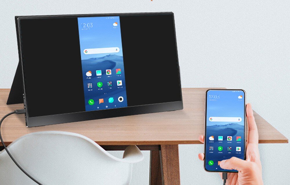 Monitor ARZOPA A1T Smartfon połączony przewodem z przenośnym monitorem, który wyświetla dokładnie ten sam ekran co telefon, ustawiony w pionowym układzie, rozdzielczość, matryca, HDR