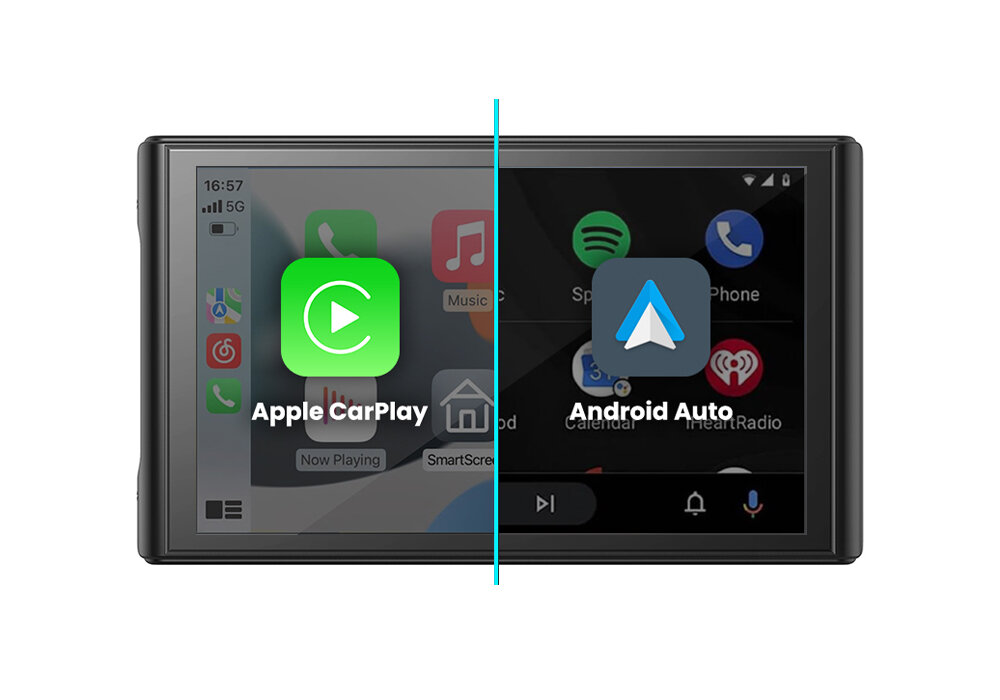 Obraz przedstawia ekran samochodowego tabletu multimedialnego z interfejsami Apple CarPlay i Android Auto. Na ekranie widoczne są ikony aplikacji oraz godzina 16:57 i sygnał 5G.