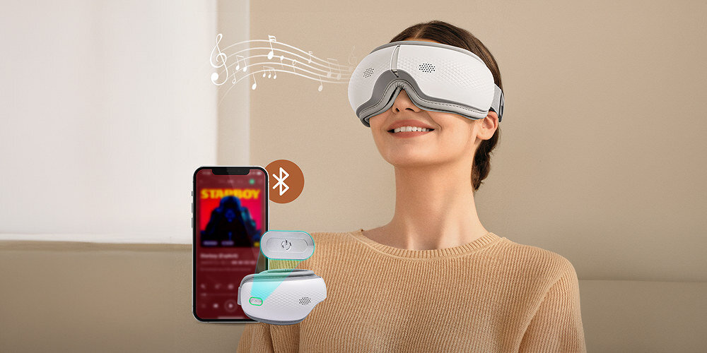 Masażer do oczu SKG ES300 Odprężająca muzyka technologia Bluetooth trzy wbudowane dźwięki relaksacyjne Połączenie łagodnych dźwięków z rytmicznym masażem  atmosfera