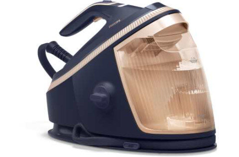Na obrazie widoczny jest generator pary w kolorze granatowym z elementami w odcieniu złotym. Na urządzeniu znajduje się logo \'PHILIPS\'.