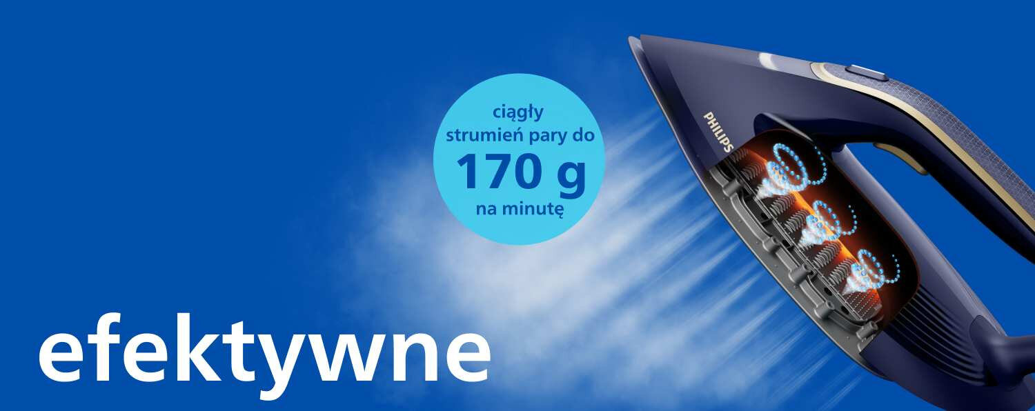 Obraz przedstawia generator pary z napisem \'Philips\' emitujący strumień pary. Na niebieskim tle widnieje tekst \'efektywne\' oraz okrągły znak z napisem \'ciągły strumień pary do 170 g na minutę\'.
