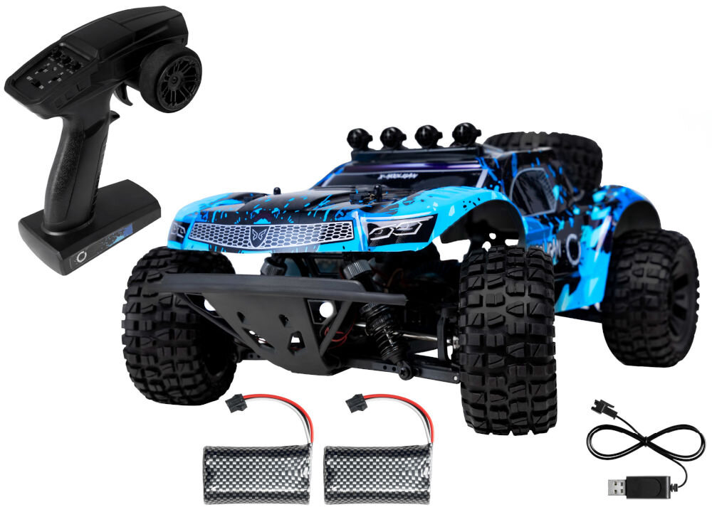 Samochód zdalnie sterowany OVERMAX X-Hooligan Cały zestaw produktu X-HOOLIGAN. Zawiera on model samochodu w niebiesko-czarnym malowaniu, pilot, dwa akumulatory oraz kabel USB do ładowania.