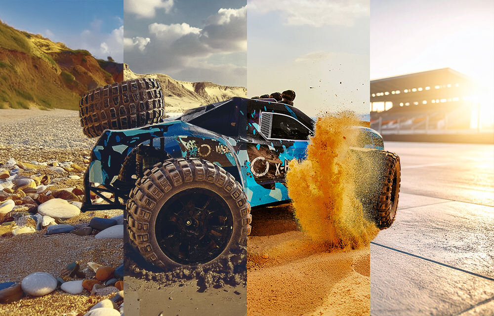 Samochód zdalnie sterowany OVERMAX X-Hooligan Tryptyk (trzyczęściowe zdjęcie) prezentujące samochód X-HOOLIGAN na różnych nawierzchniach: po lewej na plaży żwirowej, w środku wzniecający piasek, a po prawej na słonecznym, utwardzonym torze/asfalcie.