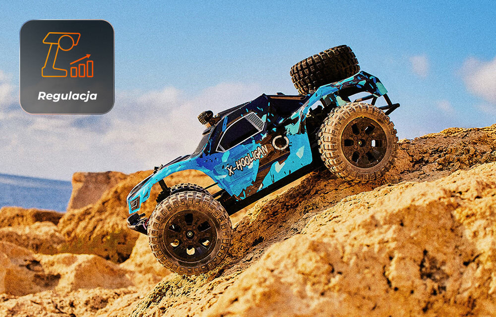 Samochód zdalnie sterowany OVERMAX X-Hooligan Samochód X-HOOLIGAN wjeżdżający na strome, kamieniste wzniesienie. W lewym górnym rogu ikona informuje o możliwości regulacji i precyzyjnym sterowaniu (Regulacja).