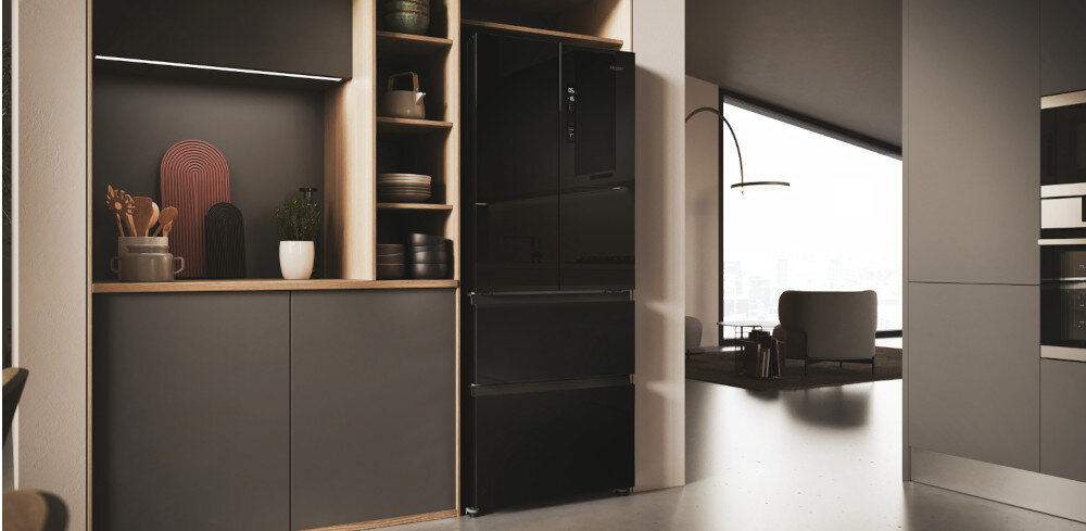 LODÓWKA HAIER HFR3718ENGB Total No Frost bez szronu balkoniki szuflady regulacja Oświetlenie led jasne wnętrze Fresher Techs szklane wykończenie łatwe utrzymanie czystości