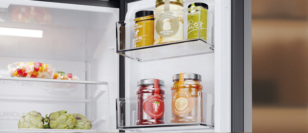 LODÓWKA HAIER HFR3718ENGB 6 balkoników na drzwiach łatwy dostęp dodatkowe miejsce butelki puszki napoje