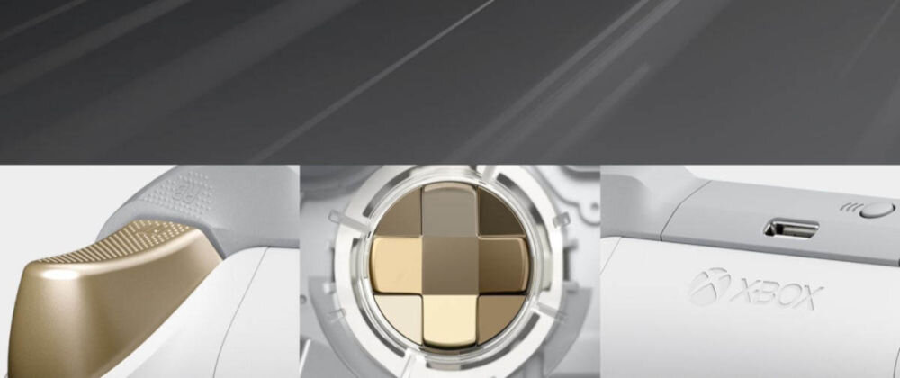 Kontroler MICROSOFT bezprzewodowy Xbox Wersja specjalna - Ghost Cipher przybliżenie na pada gumowe popielate uchwyty pewny chwyt metaliczne brązowe spusty i dopasowany pad kierunkowy kontrola celowanie