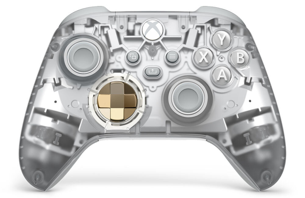 Kontroler MICROSOFT bezprzewodowy Xbox Wersja specjalna - Ghost Cipher prezentacja kontrolera pada na białym tle aplikacja akcesoria xbox jack 3.5 mm przezroczysta konstrukcja gumowe uchwyty dwie baterie AA wygoda