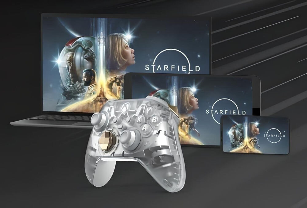 Kontroler MICROSOFT bezprzewodowy Xbox Wersja specjalna - Ghost Cipher parowanie pada kontrolera z konsolą komputerem prezentacja kontrolera na tle laptop telefon tablet