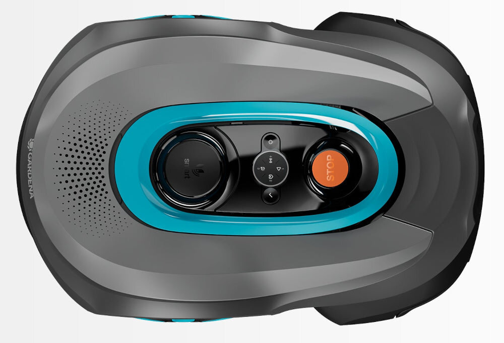 Robot koszący GARDENA Sileno Sense 400 19941-32 robot na jasnym tle widoczny z góry w poziomie obudowa o klasie wodoszczelności IPX5 radzi sobie z wilgocią łatwe utrzymanie czystości