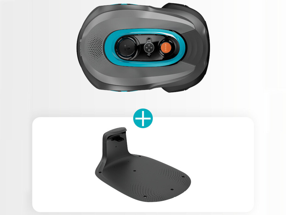 Robot koszący GARDENA Sileno Sense 400 19941-32 zestaw na jasnym tle w zestawie robot stacja ładowania dokumentacja