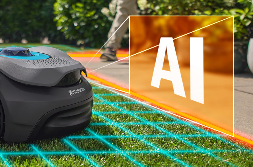 Robot koszący GARDENA Sileno Sense 600 19942-32 trawnik robot kosi trawę obok duże zdjęcie z napisem AI w tle taras krzewy kamera AI precyzyjna nawigacja satelitarna łączność mobilna rozpoznaje granice trawnika i omija przeszkody w czasie rzeczywistym aplikacja GARDENA Smart System App  wbudowana karta SIM oferuje dożywotnią, bezpłatną łączność mobilną