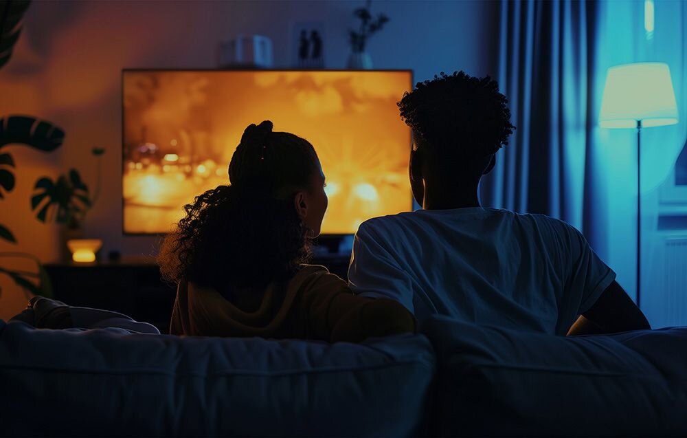 Telewizor DREAME 43Q100 Multiple Eye Care redukcja niebieskiego światła, osoby siedzące na kanapie oglądające program w telewizji