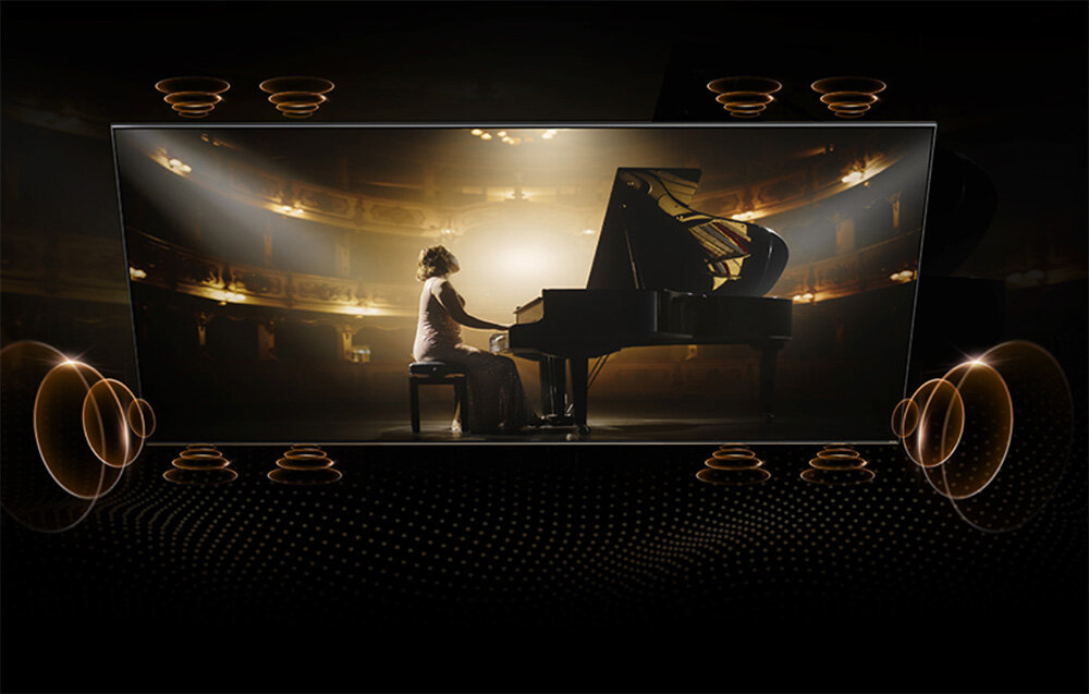Telewizor DREAME 75S100 system audio 70W 4.1.2 subwoofer Ultra Drum, telewizor  wyświetlający osobę grająca na fortepianie