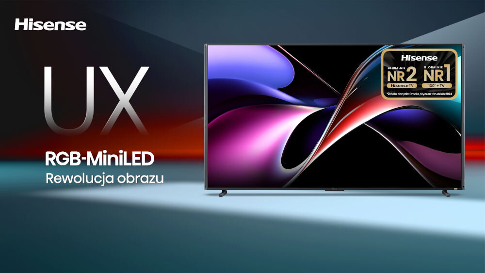 Telewizor HISENSE 100UXQ RGB MiniLED 8000 nit 100 cali ekran 4K barwy i jasność, telewizor od frontu na kolorowym tle