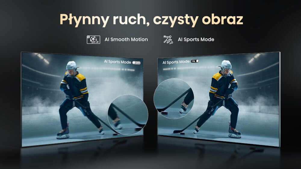 Telewizor HISENSE 100UXQ 165 Hz MEMC płynny obraz sport i akcja bez smużenia, dwa telewizor ustawione pod skosem, hokeista na lodzie
