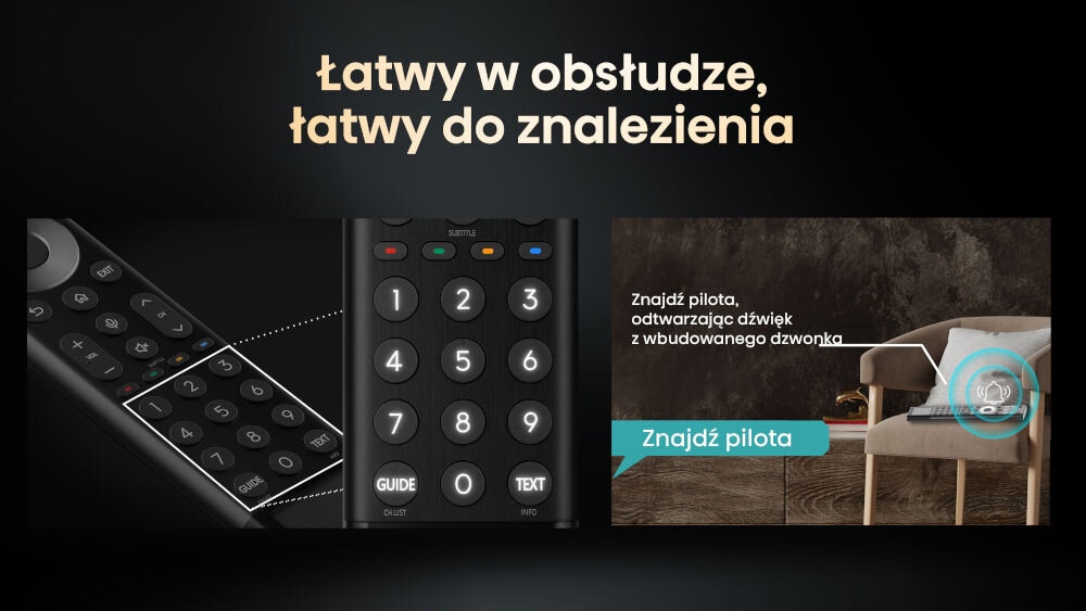 Telewizor HISENSE 100UXQ pilot z podświetleniem wygodne sterowanie po zmroku i lokalizator, podświetlane przyciski pilota, pilot leżący na krześle