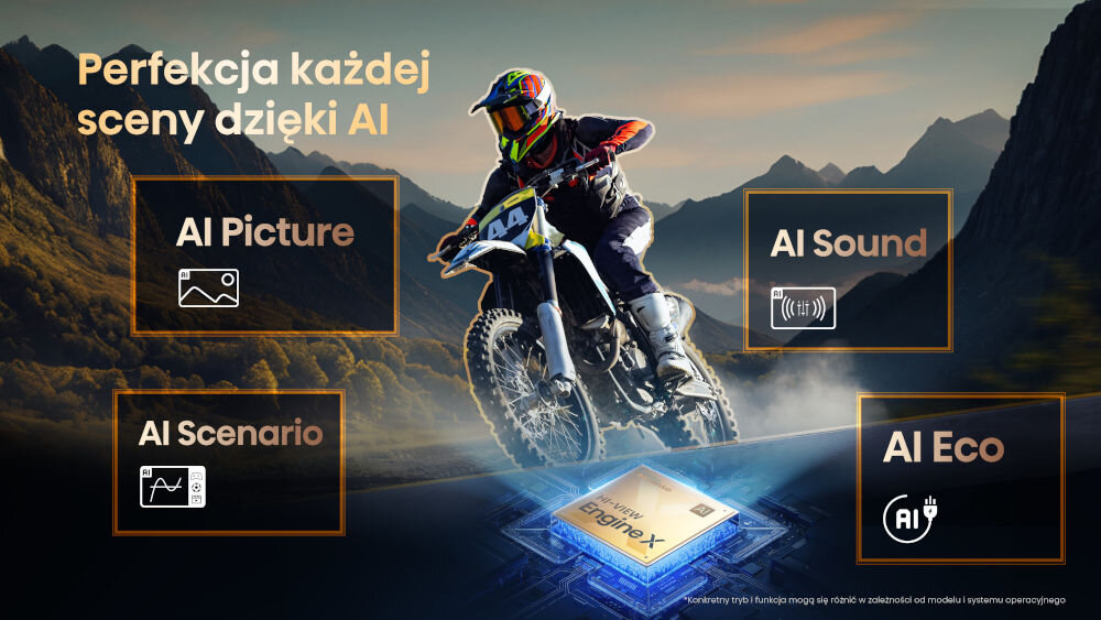 Telewizor HISENSE 100UXQ AI Picture AI Sound AI Eco wyraźne dialogi i oszczędność energii, motyocyklista jadący motorem na tle górzystego krajobrazu