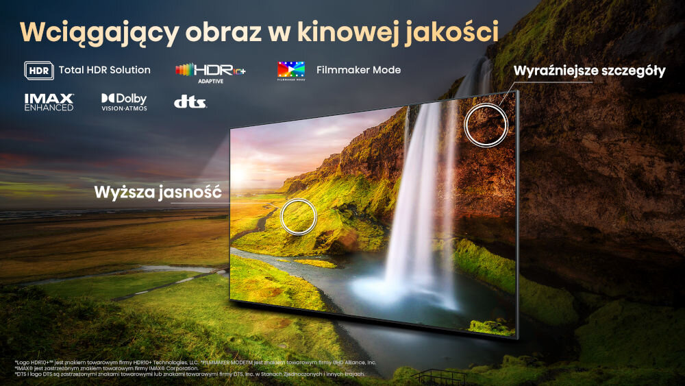 Telewizor HISENSE 100UXQ HDR10+ Adaptive Dolby Vision Filmmaker Mode IMAX Enhanced DTS Virtual X, telewizor po skosie na tle zielonego krajobrazu