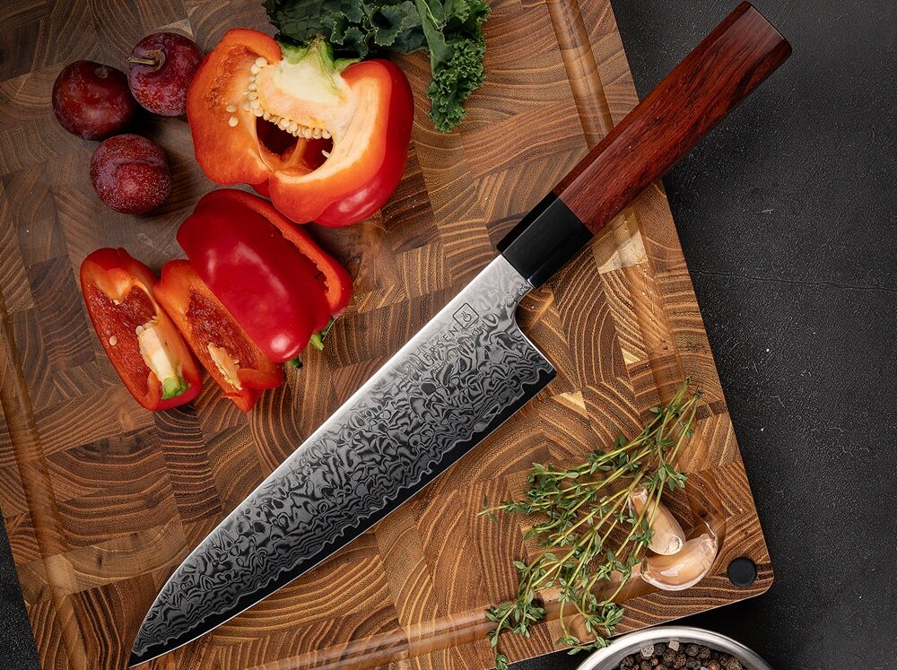 Nóż KOHERSEN Seido Red Wood szefa kuchni 20.3 cm podstawowe narzędzie, długa krawędź tnąca, szybkie siekanie i krojenie