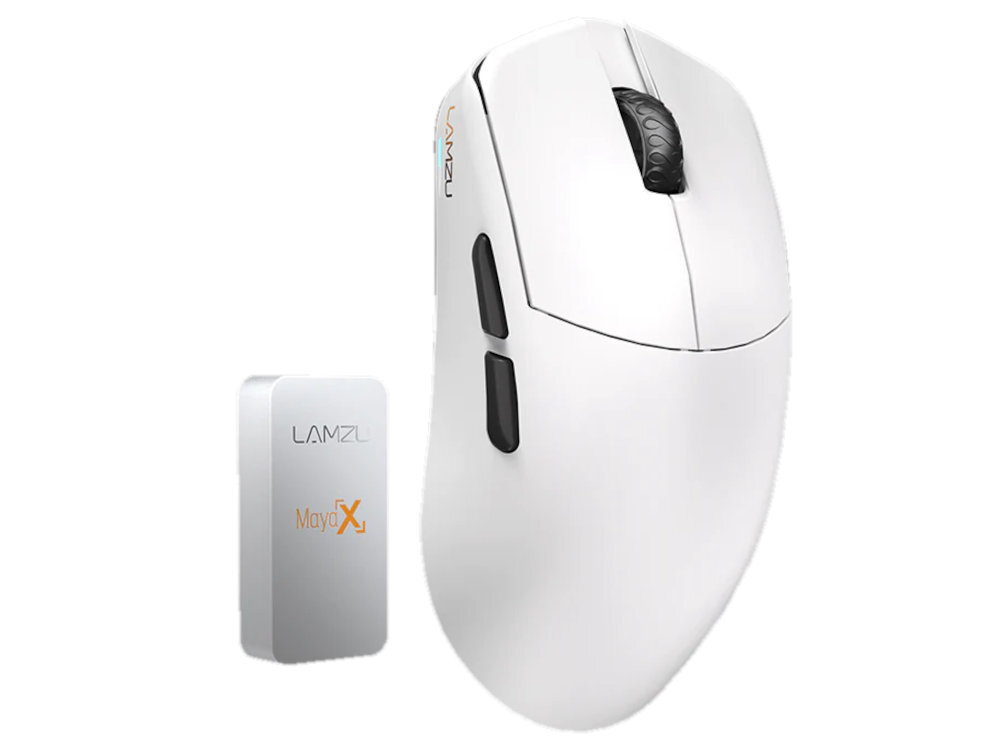 LAMZU Maya X optyczne przełączniki Omron 70 milionów kliknięć - biała mysz pod kątem oraz odbiornik 8k
