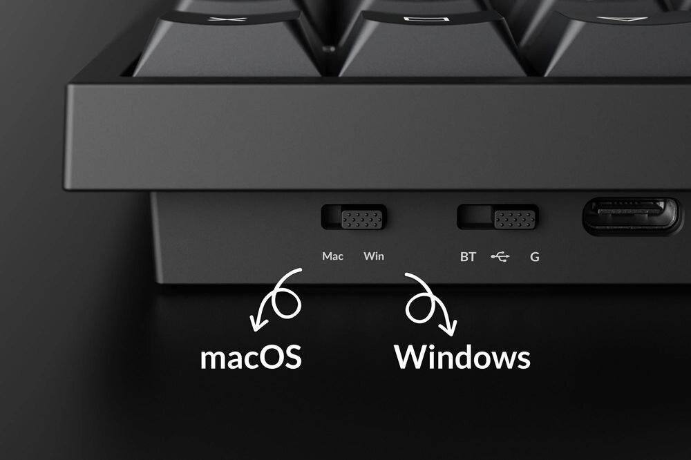 KEYCHRON B36 macOS i Windows przełącznik systemowy dodatkowy zestaw keycapów dwóch osobnych układów klawiszy - pokazany przełącznik systemowy i port usb-c