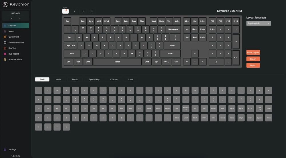 KEYCHRON B36 aplikacji webowej Keychron Launcher Programuj klawisze, twórz makra i definiuj skróty klawiszowe Intuicyjny interfejs - zrzut ekranu z oprogramowania